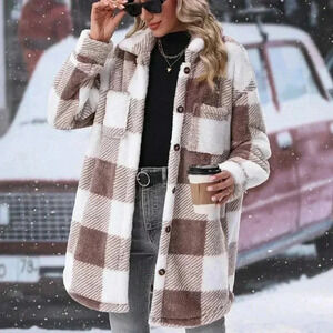 Multicolor Casual Women's Buffalo Plaid Pattern Drop Shoulder Teddy Coat